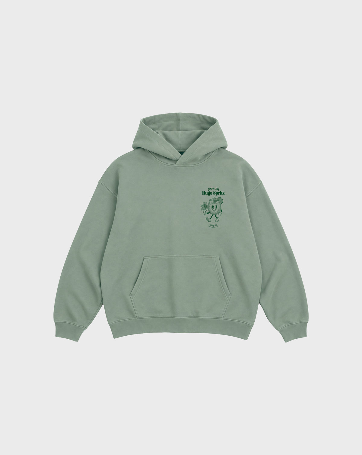 Hugo Spritz Pine oversized unisex hoodie with green left chest cocktail print, front view