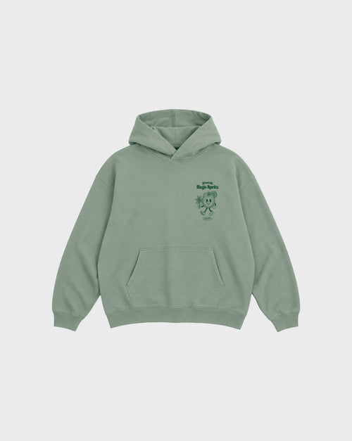 Hugo Spritz Pine oversized unisex hoodie with green left chest cocktail print, front view