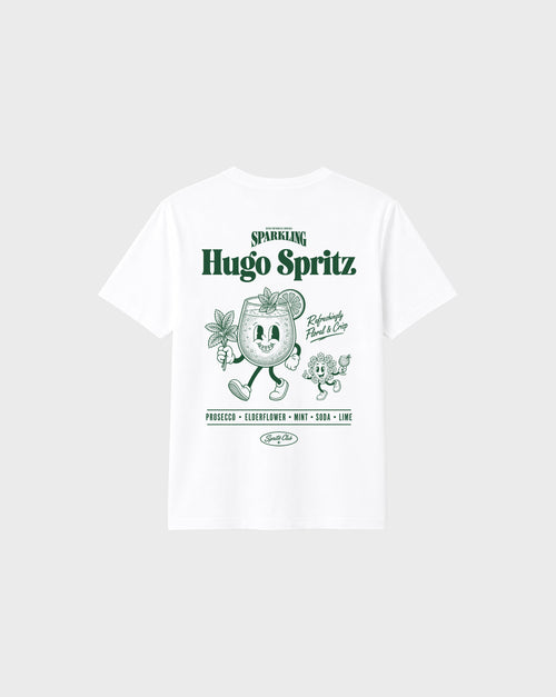 Hugo Spritz white T-shirt with large green cocktail and elderflower graphic on the back