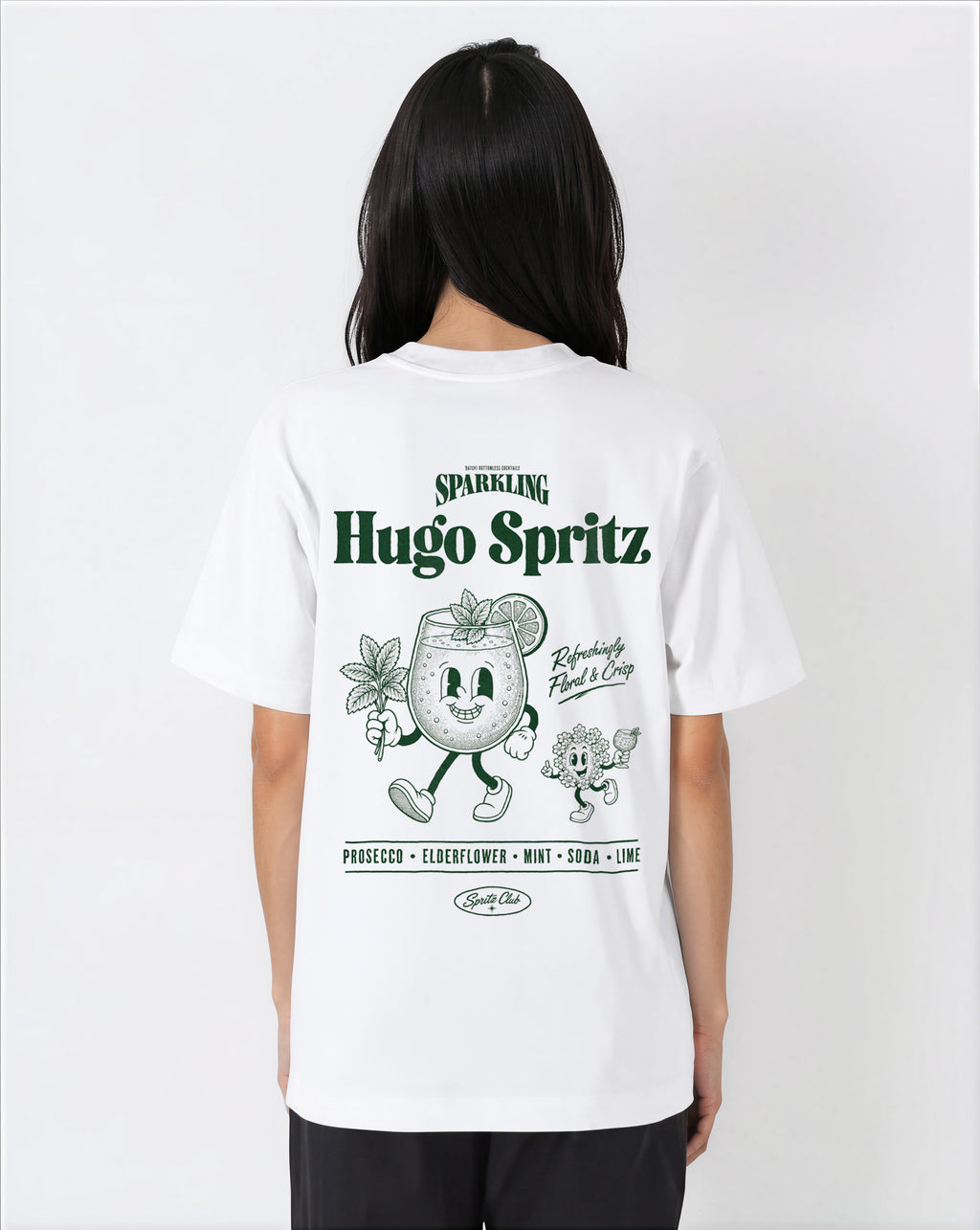 Female model wearing the Hugo Spritz white T-shirt, showing the large green back print