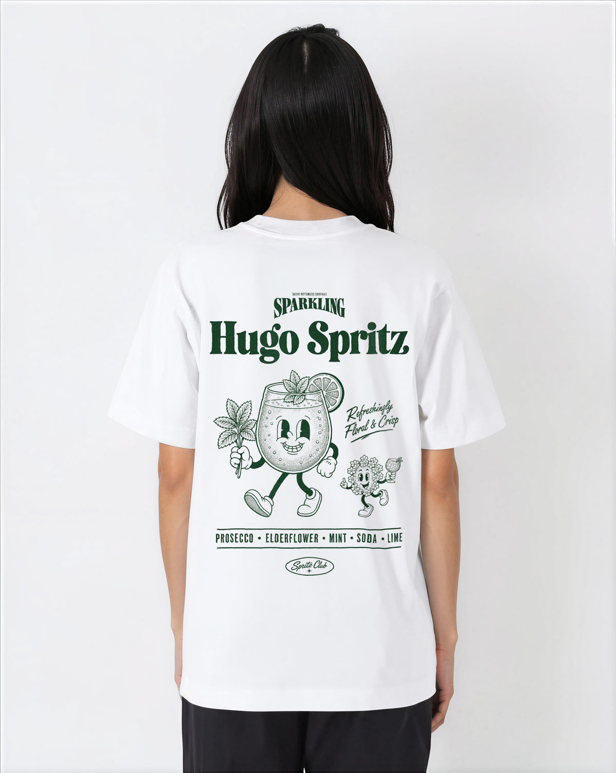 Female model wearing the Hugo Spritz white T-shirt, showing the large green back print