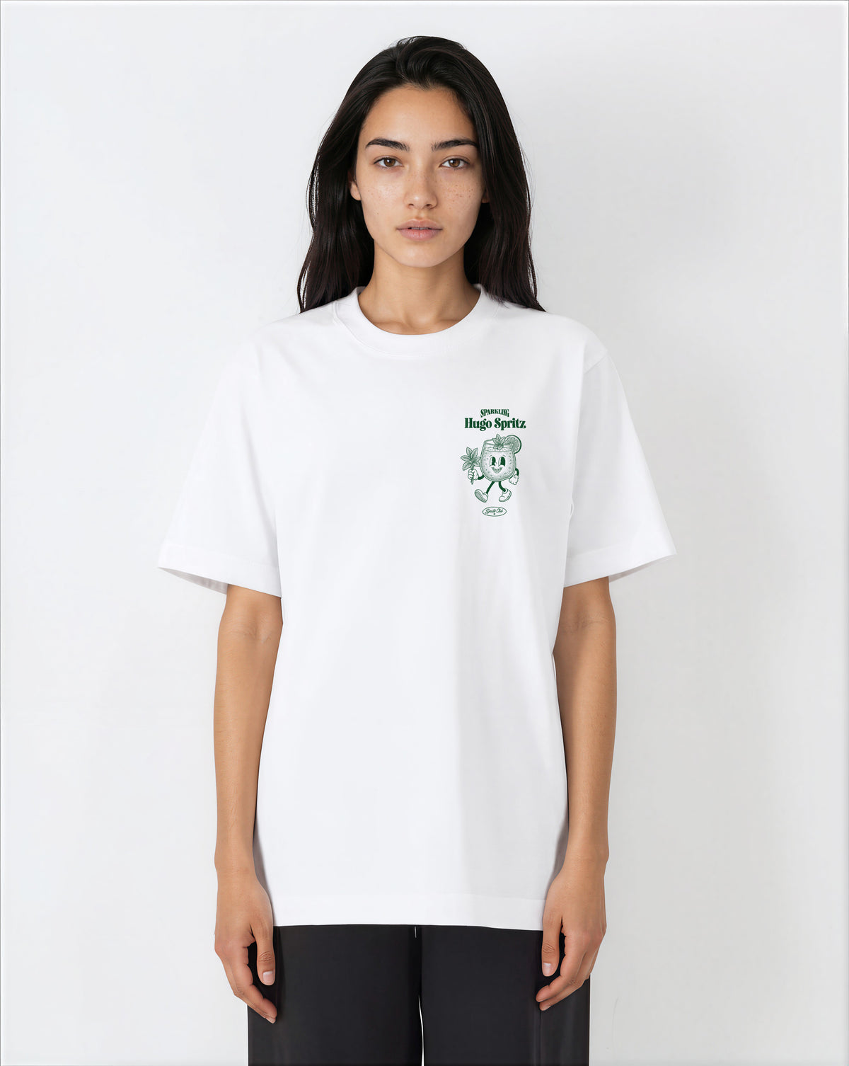 Female model wearing the Hugo Spritz white T-shirt, showing the green left chest print