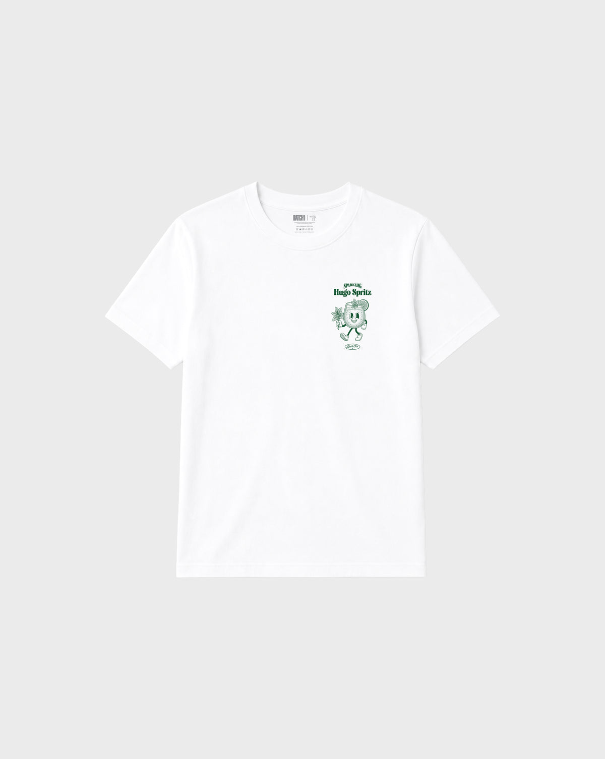 Hugo Spritz white unisex T-shirt with green left chest cocktail print, front view