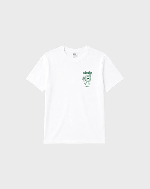 Hugo Spritz white unisex T-shirt with green left chest cocktail print, front view