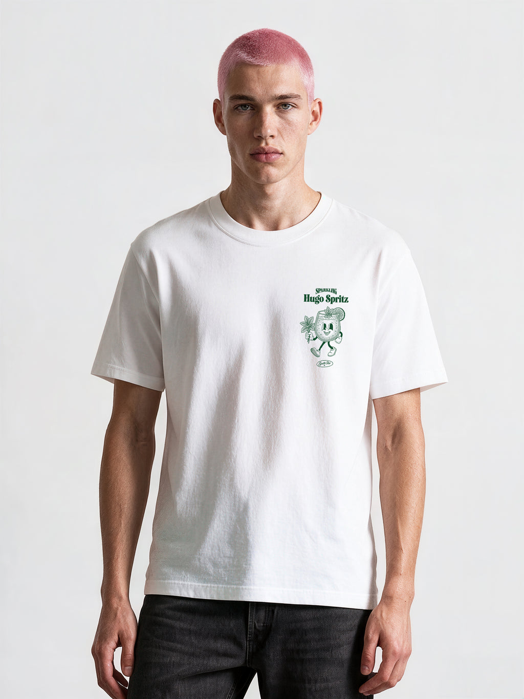 Male model wearing the Hugo Spritz white T-shirt, showing the green left chest print