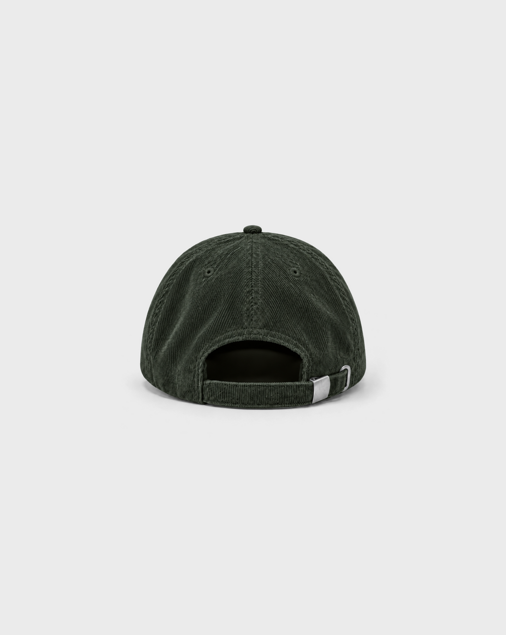 In a Pickle Cord Cap in Dark Olive, unprinted back view showing adjustable strap and metal buckle