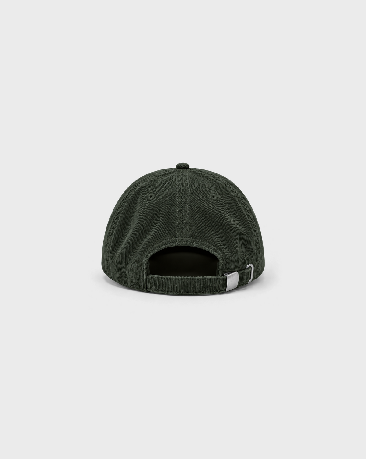 In a Pickle Cord Cap in Dark Olive, unprinted back view showing adjustable strap and metal buckle