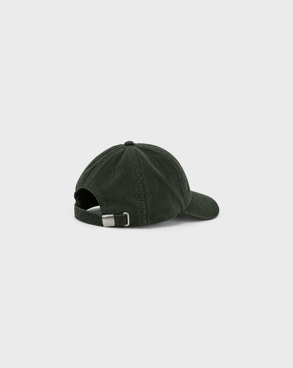 In a Pickle Cord Cap in Dark Olive, unprinted side view showing cord texture and curved peak