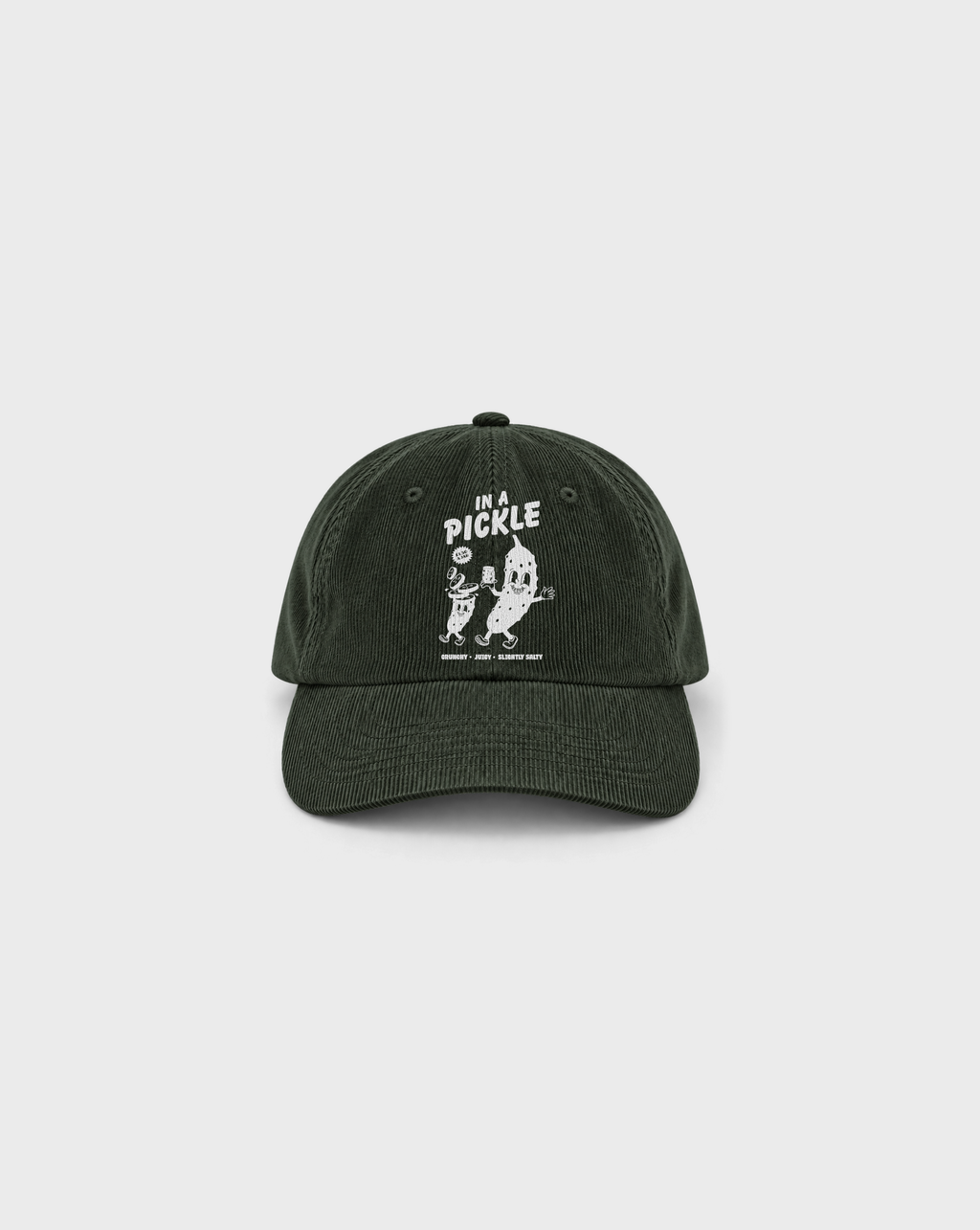 In a Pickle Cord Cap in Dark Olive, front view with white pickle characters and In a Pickle lettering