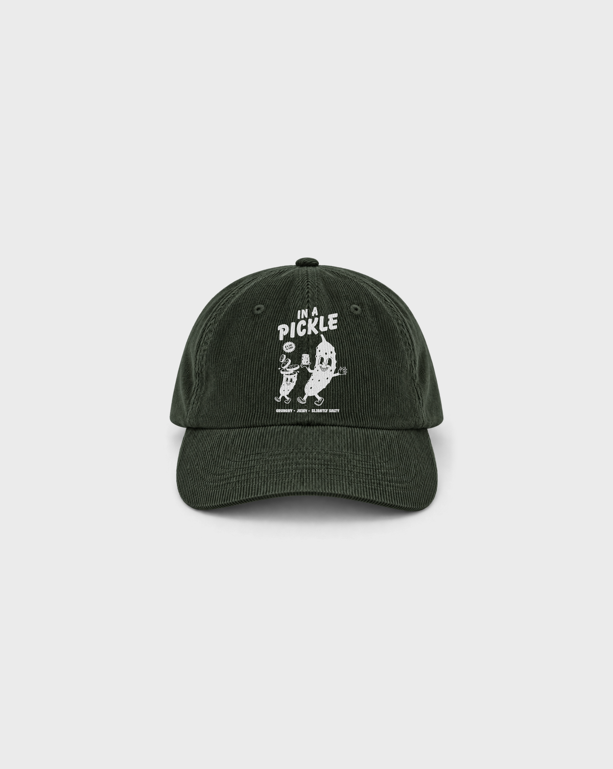 In a Pickle Cord Cap in Dark Olive, front view with white pickle characters and In a Pickle lettering