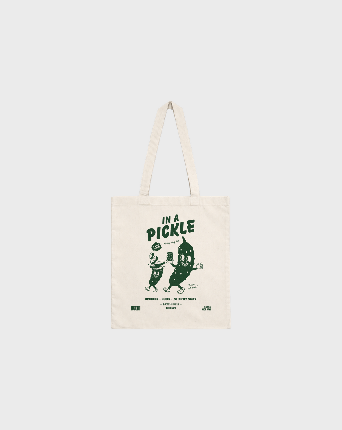 In a Pickle natural cotton tote bag with green retro pickle artwork, shown flat on a white background