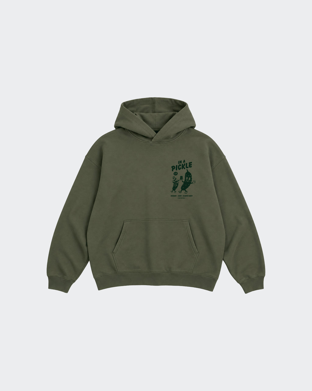 In a Pickle olive oversized unisex hoodie, front with dark green left-chest graphic