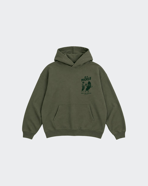 In a Pickle olive oversized unisex hoodie, front with dark green left-chest graphic