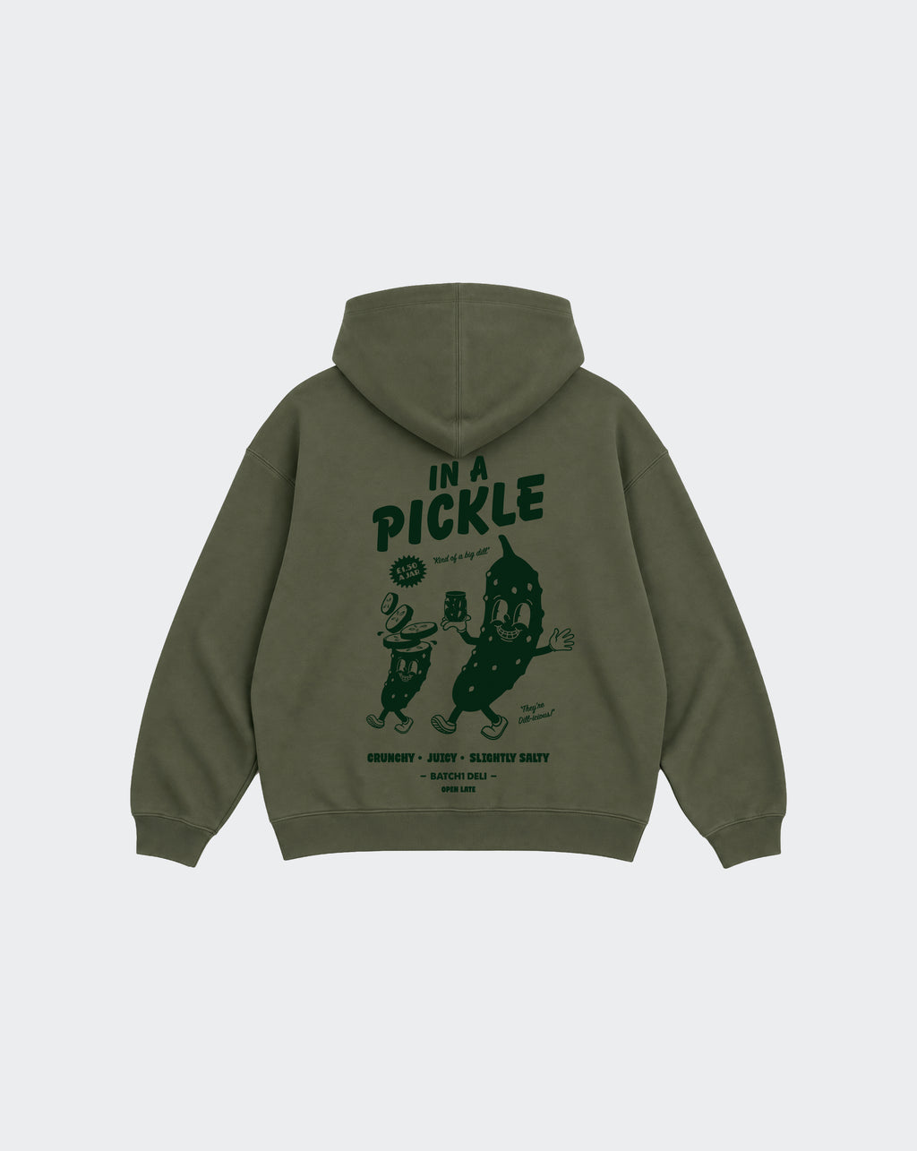 In a Pickle olive oversized unisex hoodie, back with large dark green pickle character graphic