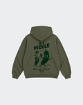 In a Pickle olive oversized unisex hoodie, back with large dark green pickle character graphic