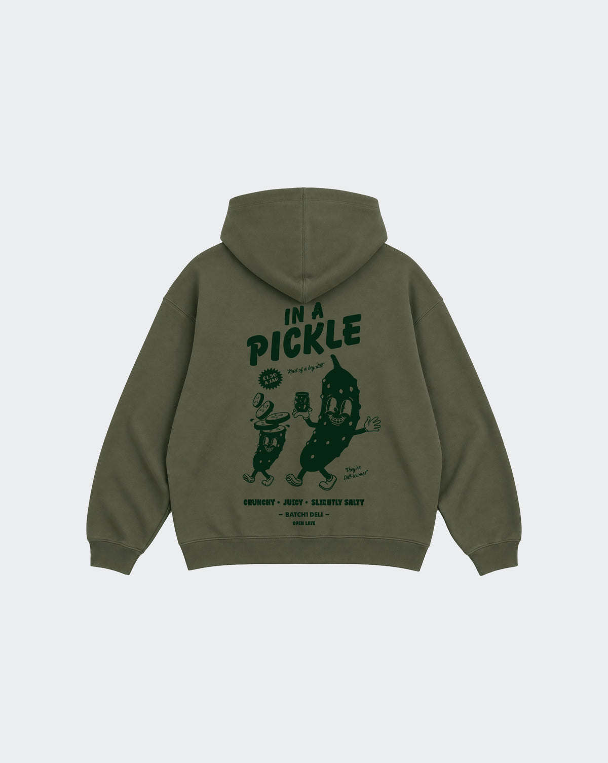 In a Pickle olive oversized unisex hoodie, back with large dark green pickle character graphic