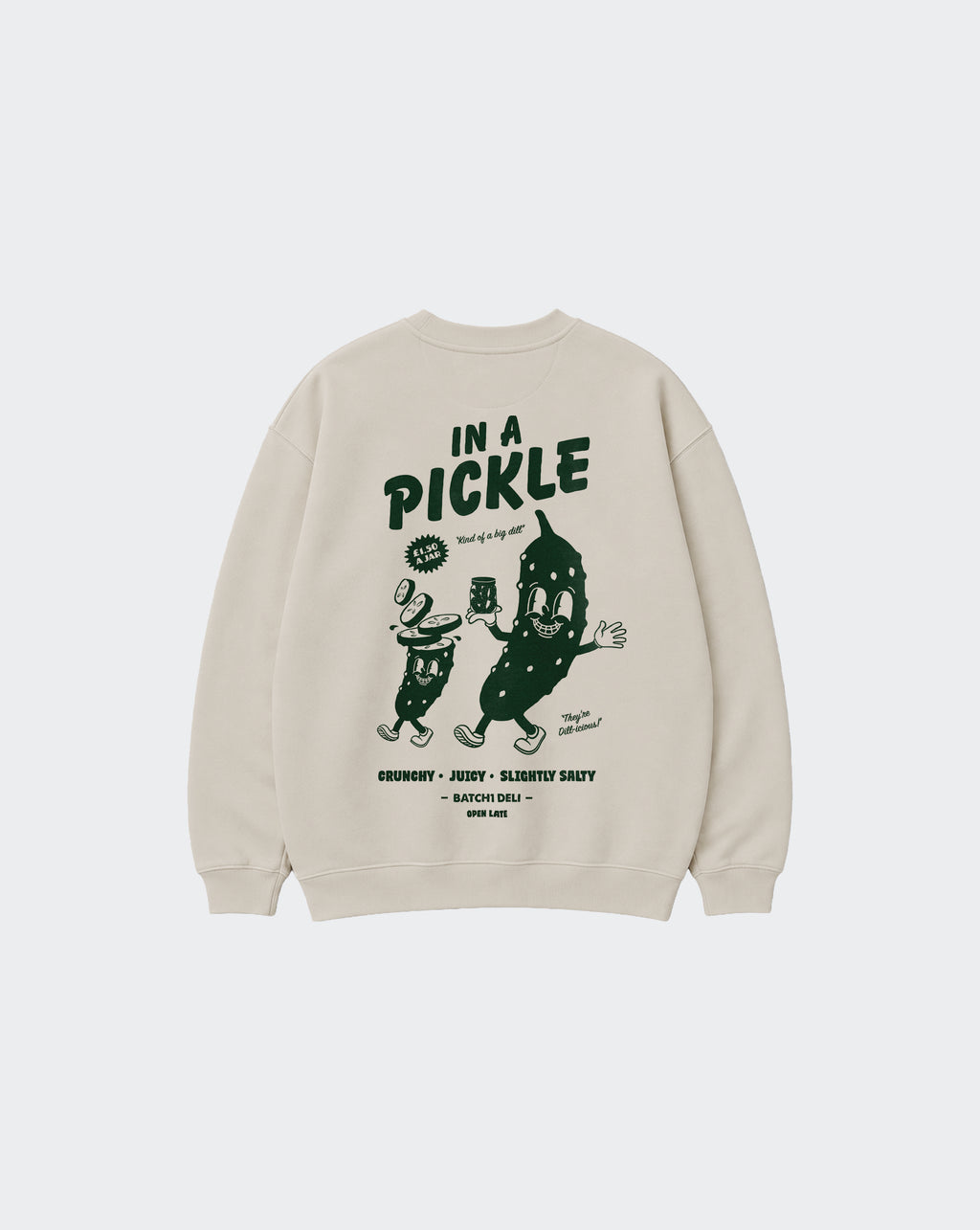 Back of In a Pickle stone oversized sweatshirt with large dark green pickle character print