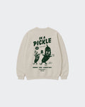 Back of In a Pickle stone oversized sweatshirt with large dark green pickle character print