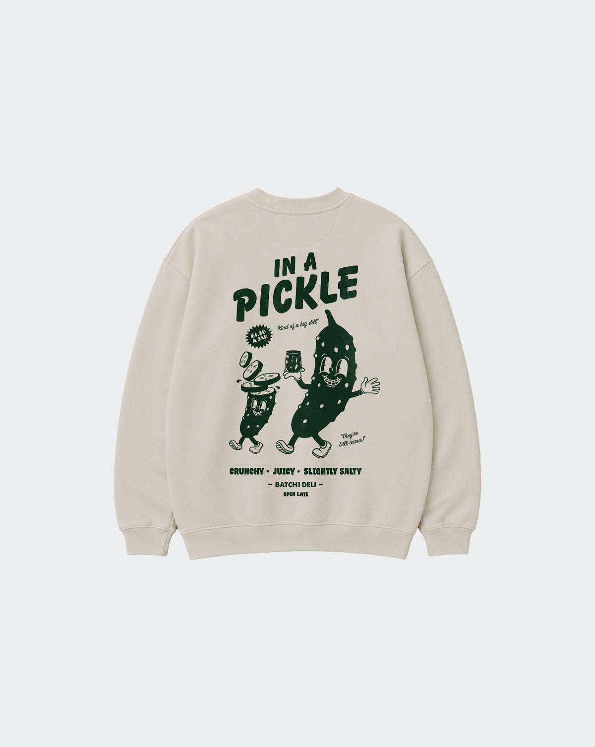 Back of In a Pickle stone oversized sweatshirt with large dark green pickle character print