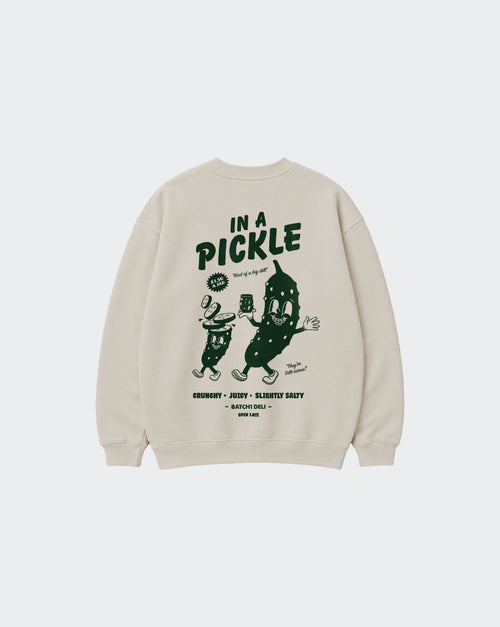 Back of In a Pickle stone oversized sweatshirt with large dark green pickle character print