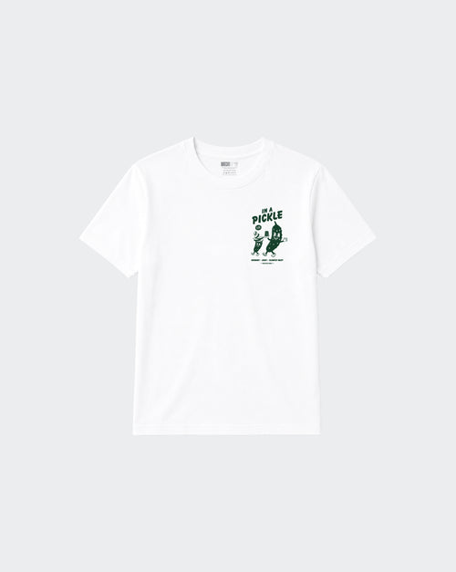 In a Pickle white unisex T-shirt, front with dark green left-chest graphic