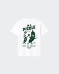 In a Pickle white unisex T-shirt, back with large dark green pickle character graphic