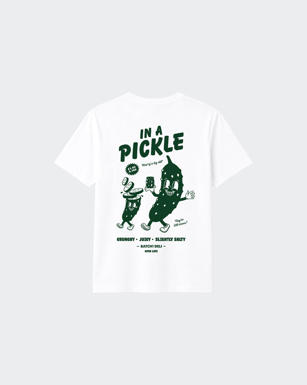 In a Pickle white unisex T-shirt, back with large dark green pickle character graphic