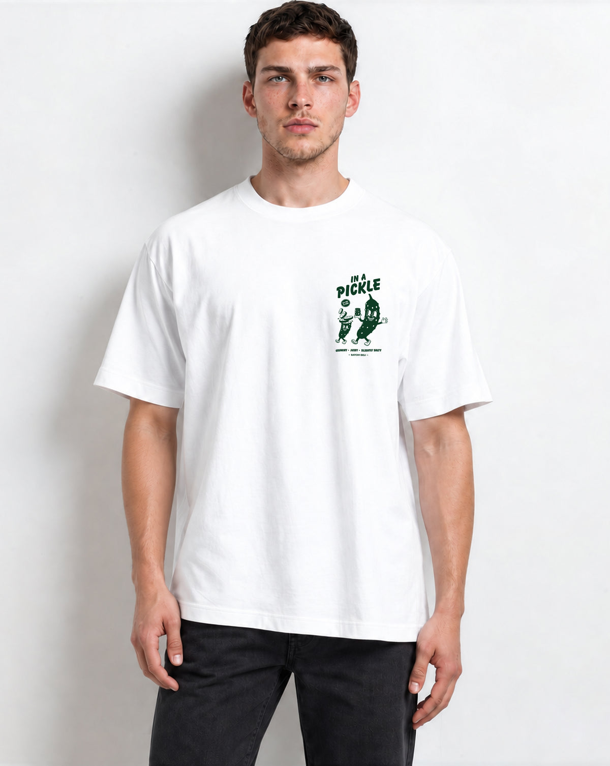 Male model wearing the In a Pickle white T-shirt, front view