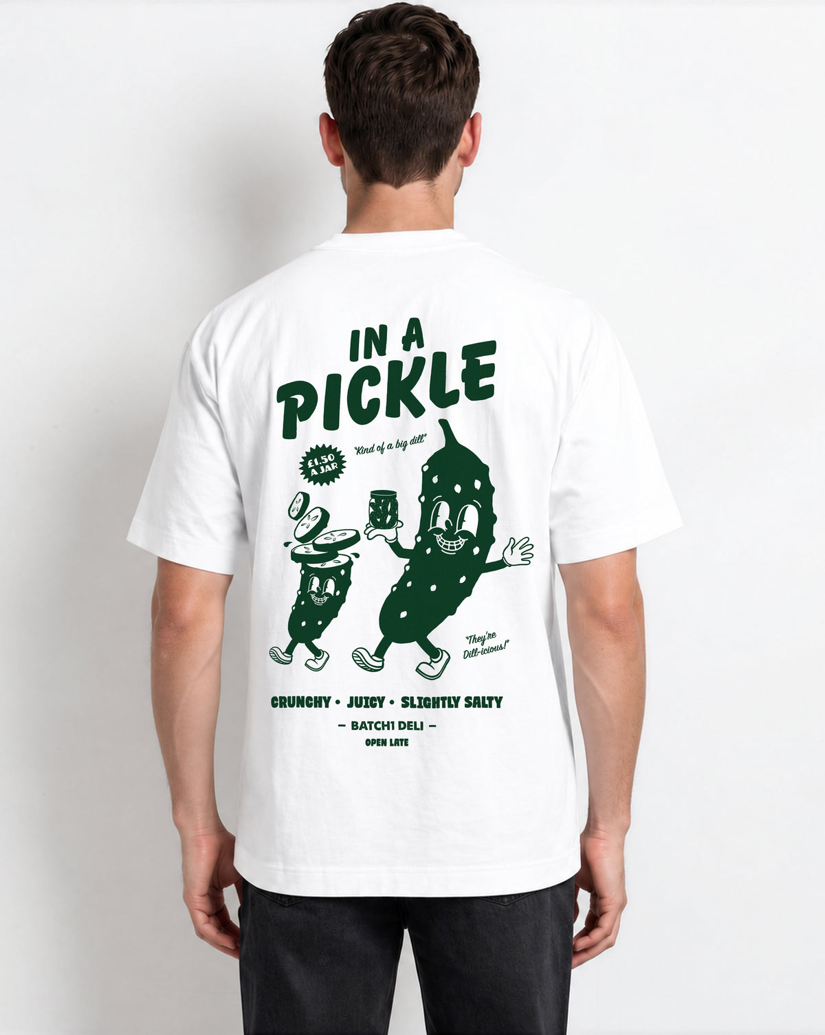 Male model wearing the In a Pickle white T-shirt, back print view