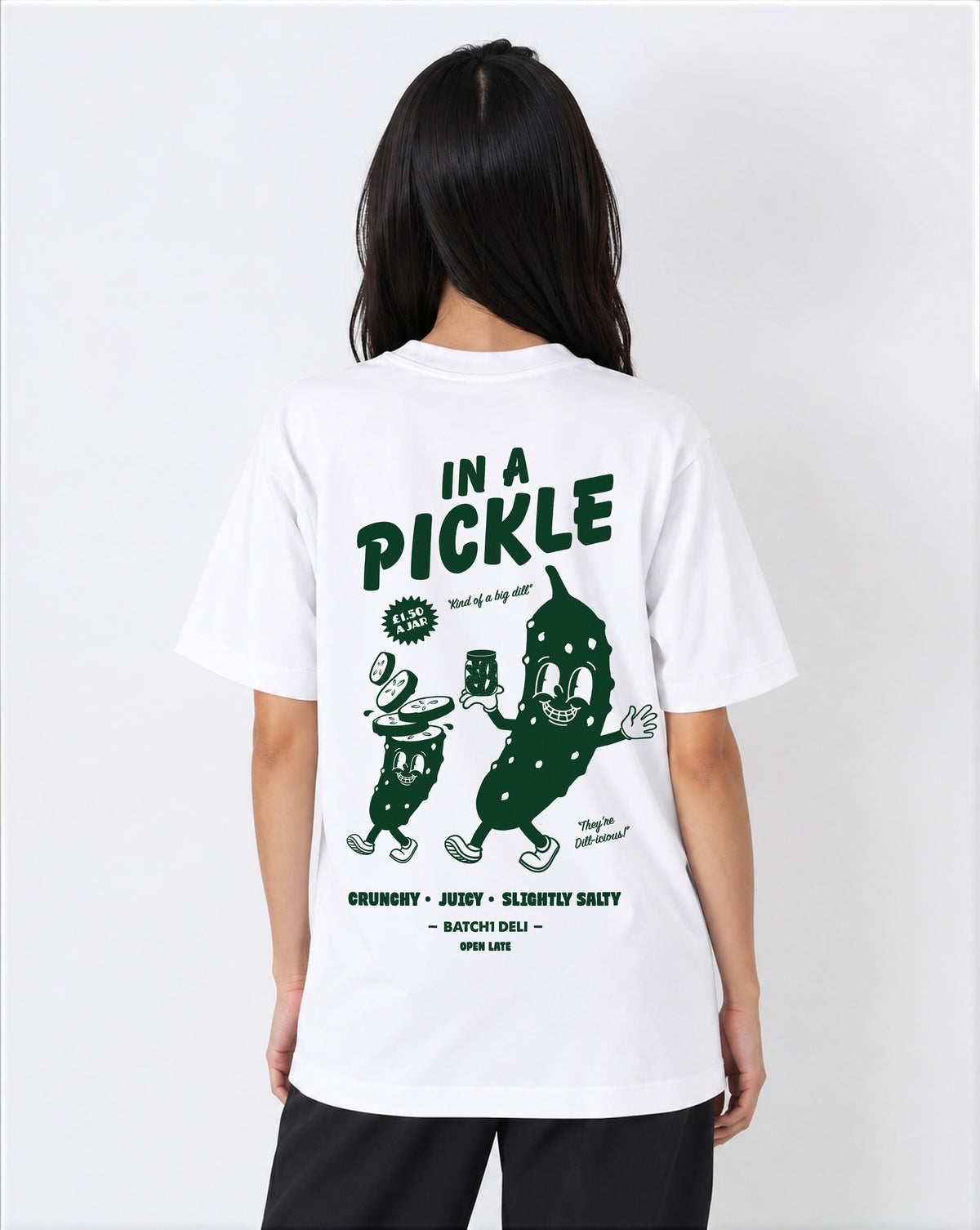 Female model wearing the In a Pickle white T-shirt, back print view