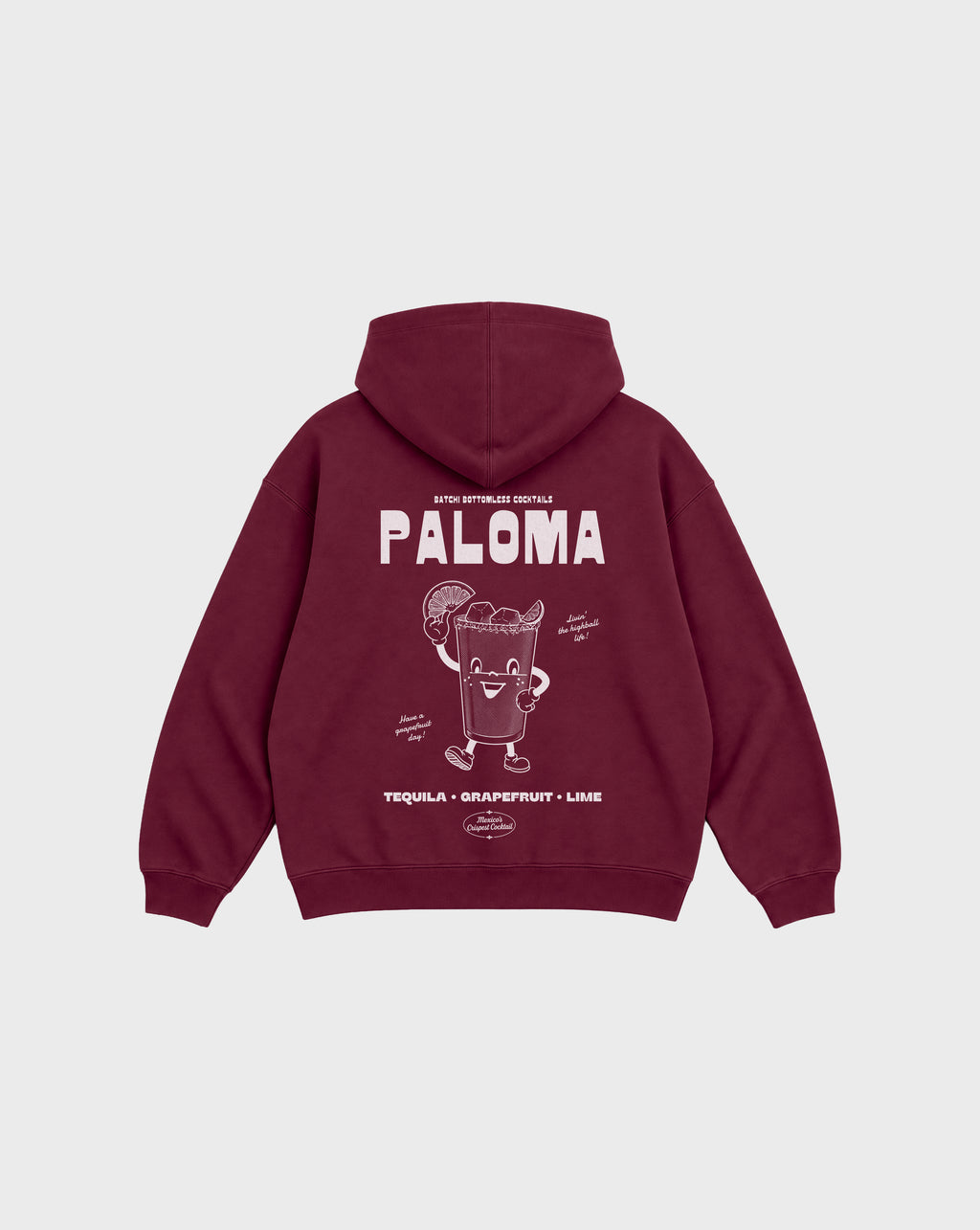 Paloma burgundy oversized hoodie, back flat lay showing the large white cocktail character graphic beneath the hood.