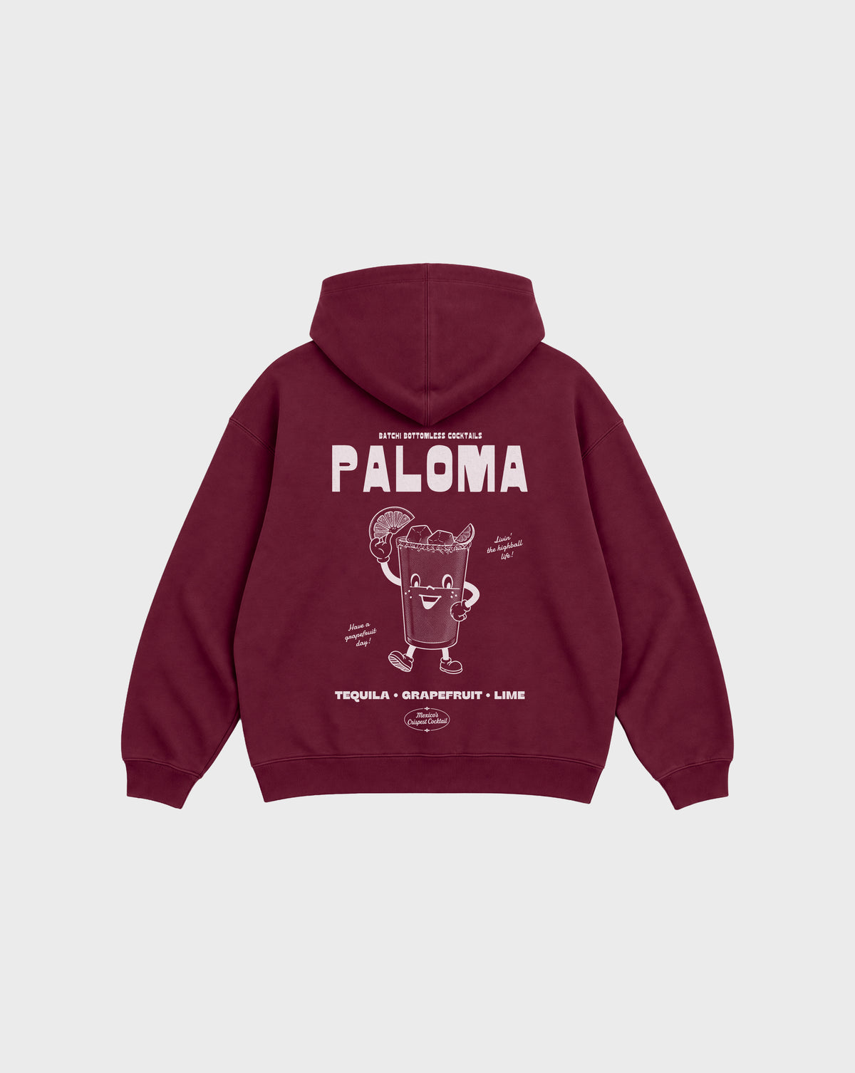 Paloma burgundy oversized hoodie, back flat lay showing the large white cocktail character graphic beneath the hood.