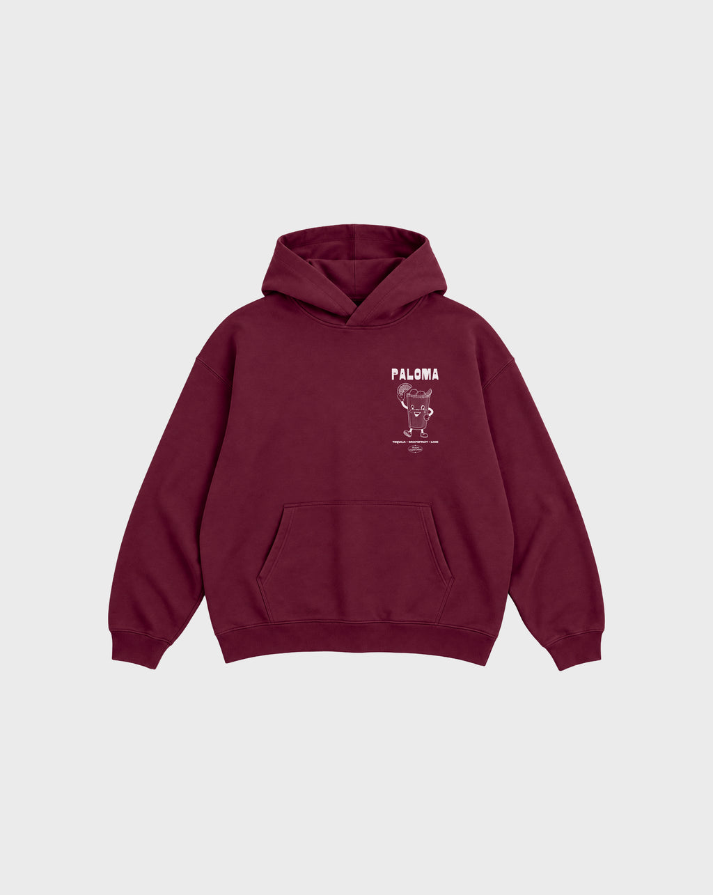 Paloma burgundy oversized unisex hoodie, front flat lay showing the white left-chest cocktail graphic.