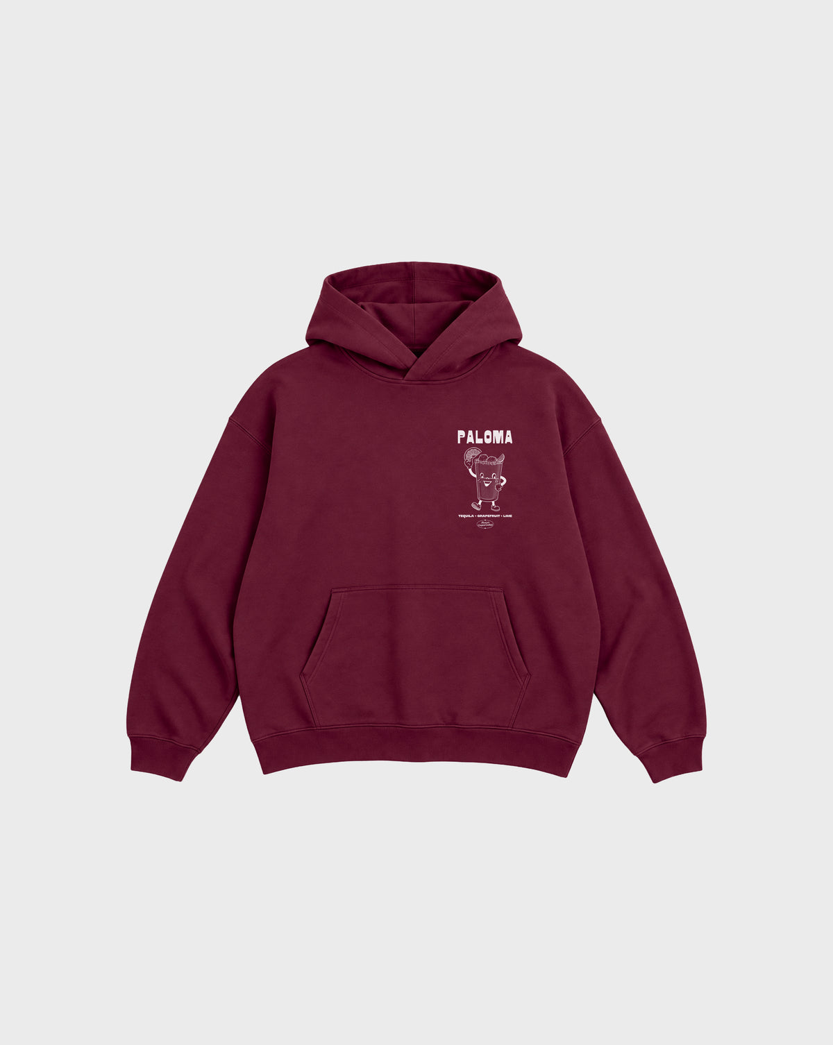 Paloma burgundy oversized unisex hoodie, front flat lay showing the white left-chest cocktail graphic.