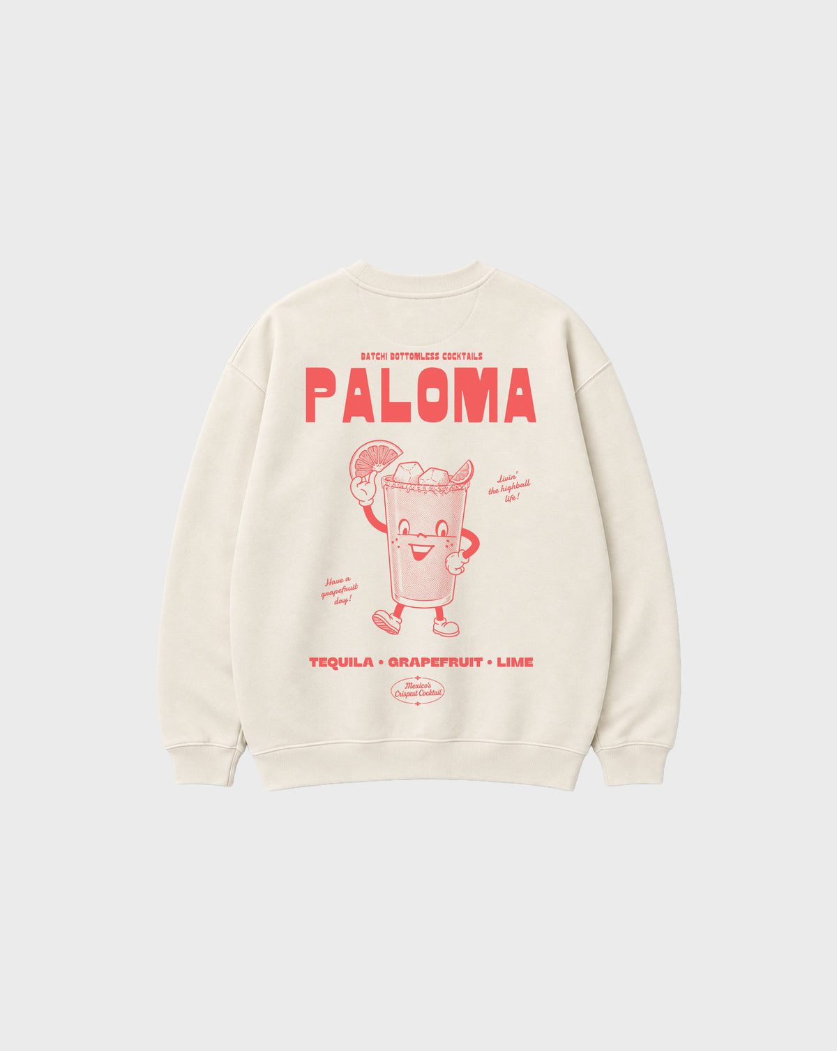 Paloma ivory oversized sweatshirt, back flat lay showing the large coral cocktail character and Paloma lettering.