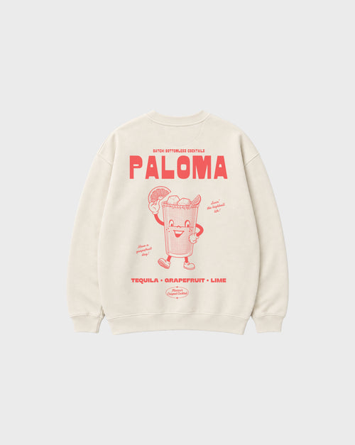 Paloma ivory oversized sweatshirt, back flat lay showing the large coral cocktail character and Paloma lettering.