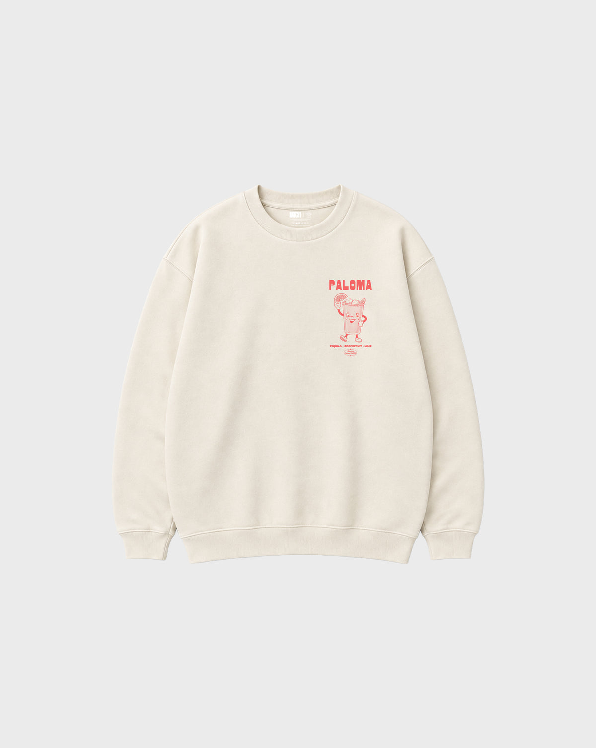 Paloma ivory oversized unisex sweatshirt, front flat lay showing the coral left-chest cocktail print.