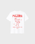 Paloma white graphic T-shirt, back flat lay showing the large coral cocktail character and tequila, grapefruit and lime lettering.