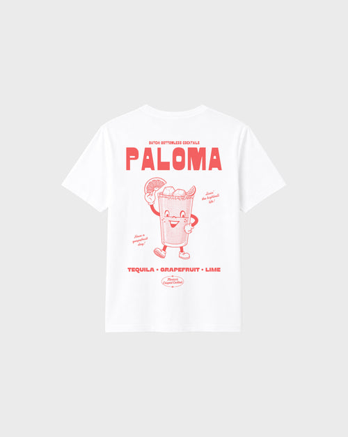 Paloma white graphic T-shirt, back flat lay showing the large coral cocktail character and tequila, grapefruit and lime lettering.