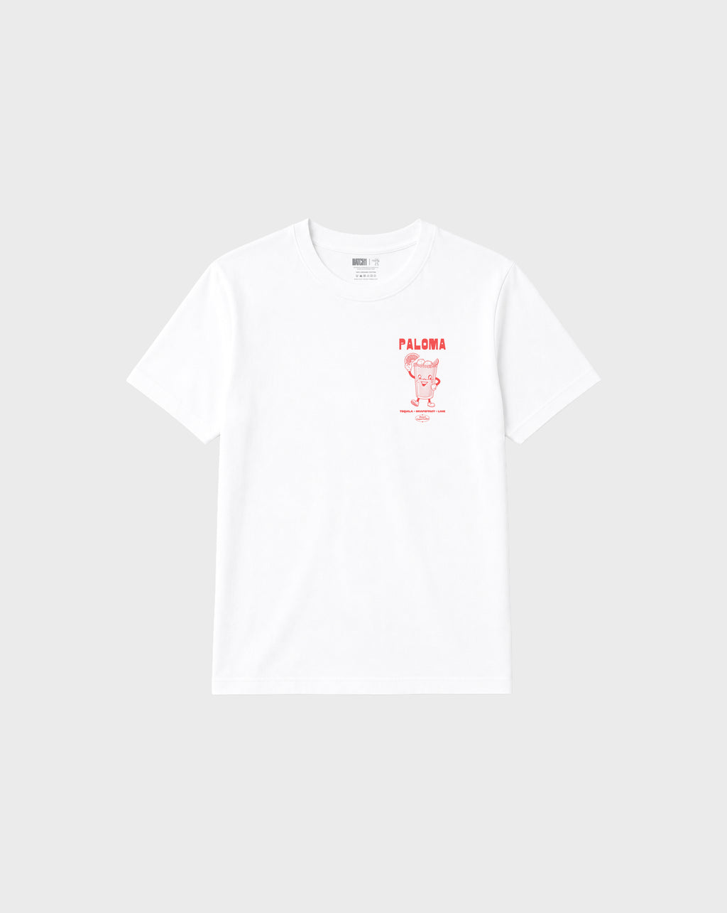 Paloma white unisex T-shirt, front flat lay showing the coral cocktail graphic on the left chest.