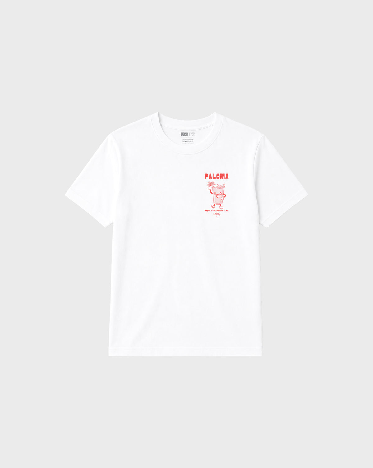 Paloma white unisex T-shirt, front flat lay showing the coral cocktail graphic on the left chest.