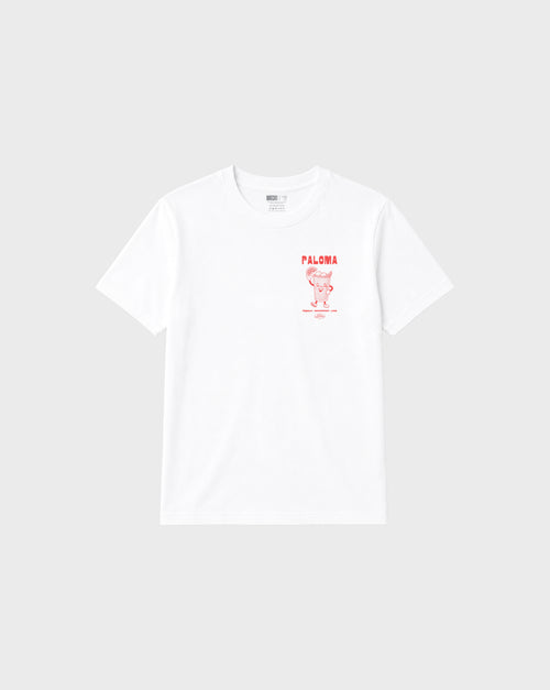 Paloma white unisex T-shirt, front flat lay showing the coral cocktail graphic on the left chest.