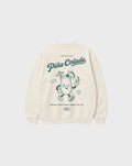 Back flat lay of the Piña Colada ivory oversized sweatshirt, showing the large teal tropical cocktail character and Piña Colada lettering on the back.