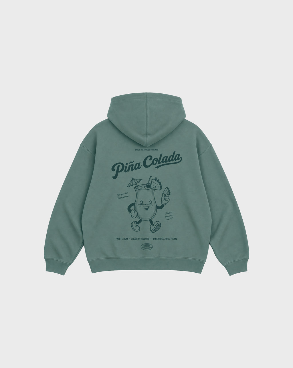 Back flat lay of the Piña Colada pine oversized hoodie, showing the large teal tropical cocktail character and Piña Colada lettering on the back.