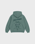 Back flat lay of the Piña Colada pine oversized hoodie, showing the large teal tropical cocktail character and Piña Colada lettering on the back.