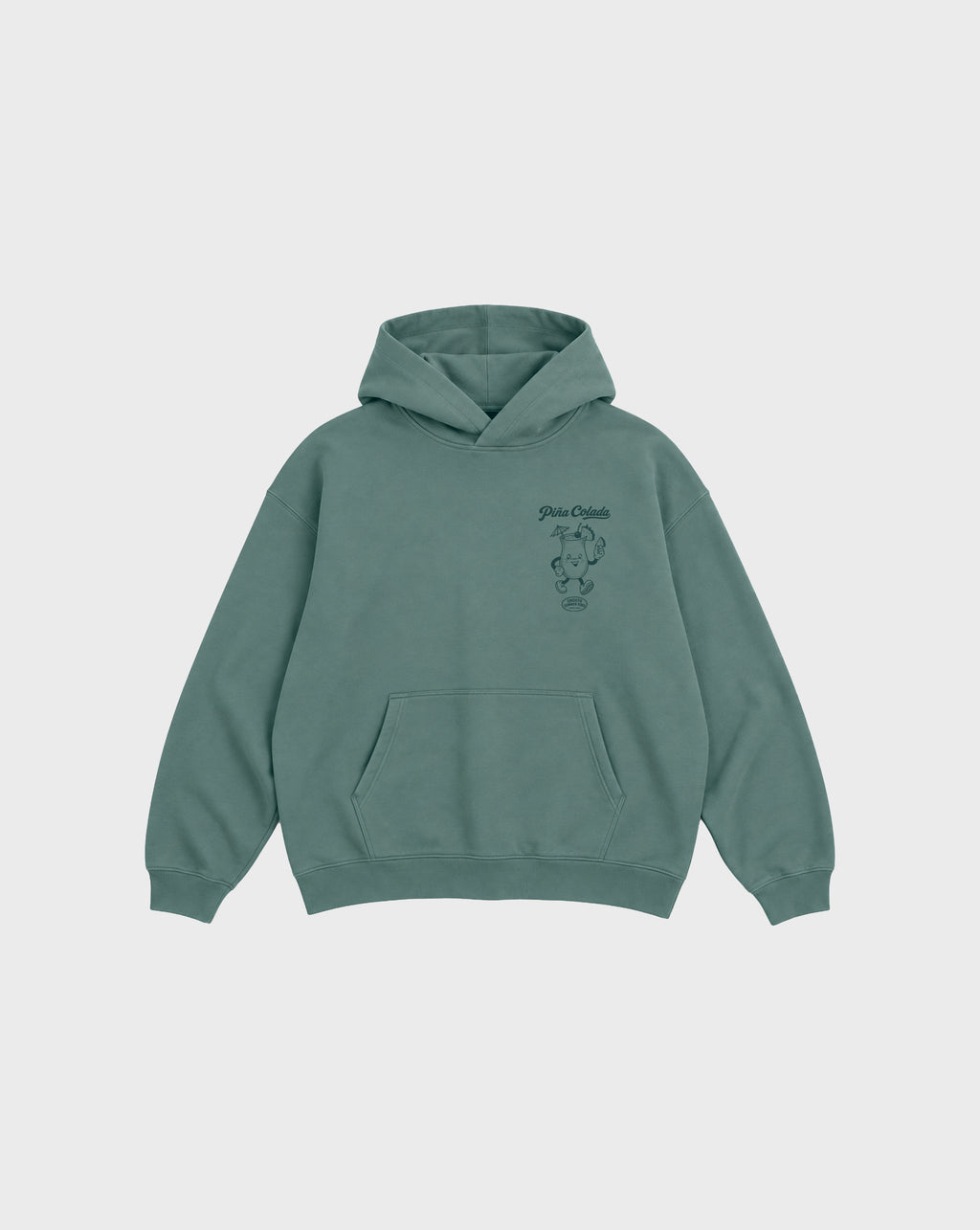 Front flat lay of the Piña Colada pine oversized hoodie, showing the small teal Piña Colada cocktail print on the left chest.
