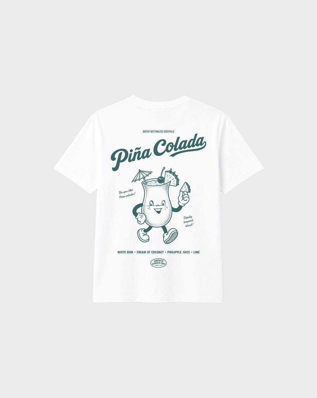 Piña Colada white graphic T-shirt, back flat lay showing the large teal tropical cocktail character and pineapple artwork.