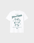 Piña Colada white graphic T-shirt, back flat lay showing the large teal tropical cocktail character and pineapple artwork.