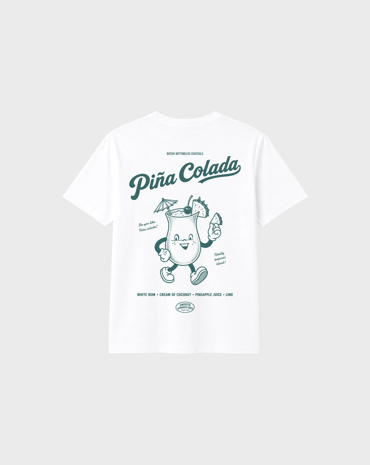 Piña Colada white graphic T-shirt, back flat lay showing the large teal tropical cocktail character and pineapple artwork.
