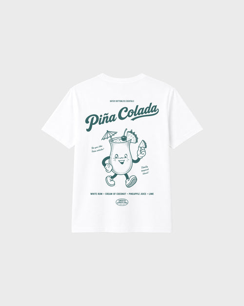Piña Colada white graphic T-shirt, back flat lay showing the large teal tropical cocktail character and pineapple artwork.